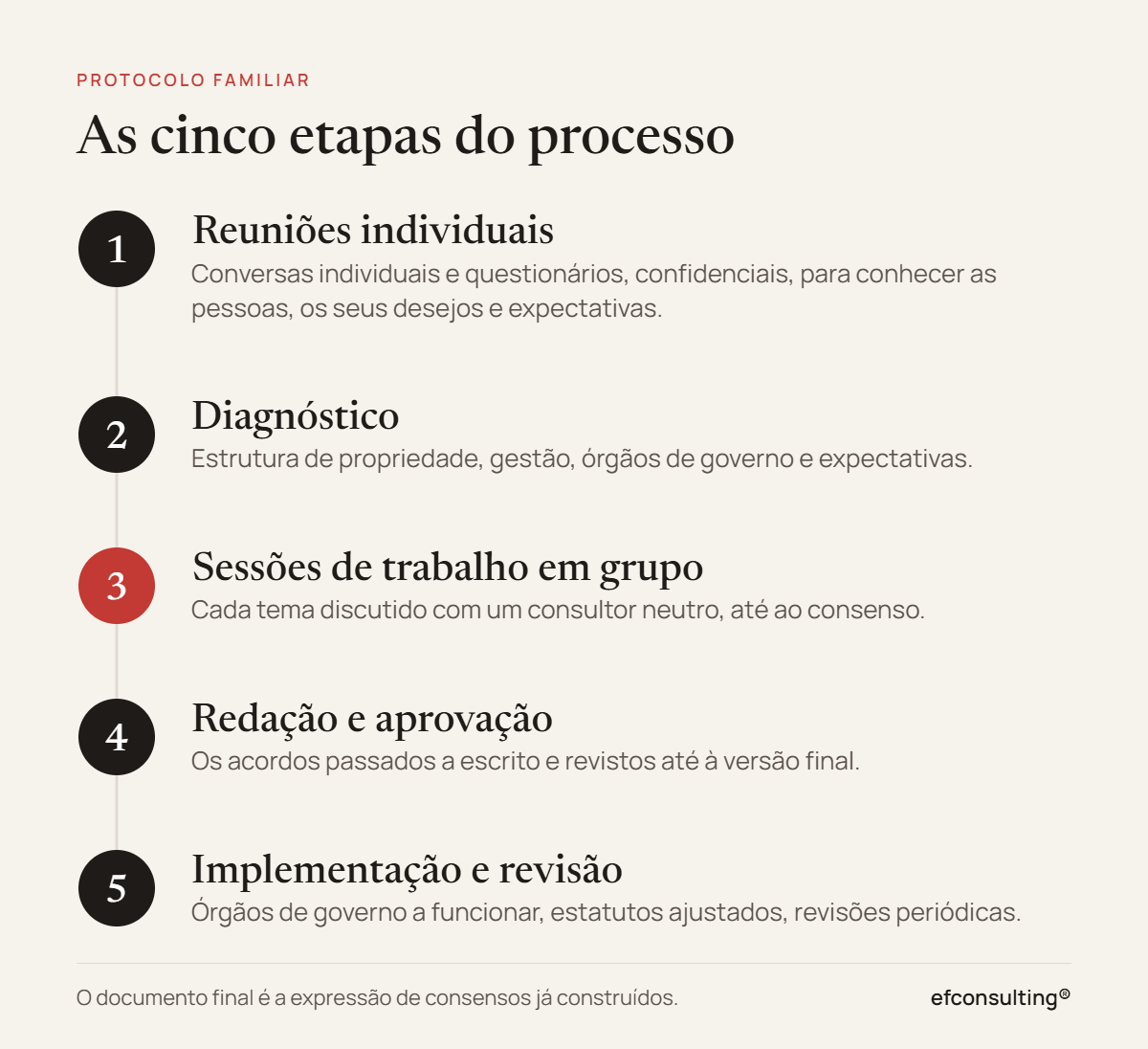 As cinco etapas do Protocolo Familiar: reuniões individuais, diagnóstico, sessões de trabalho em grupo, redação e aprovação, implementação e revisão.